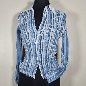 Caché New Old Stock Blue Crinkle Bodycon Buttondown Shirt Collar Long Sleeve S